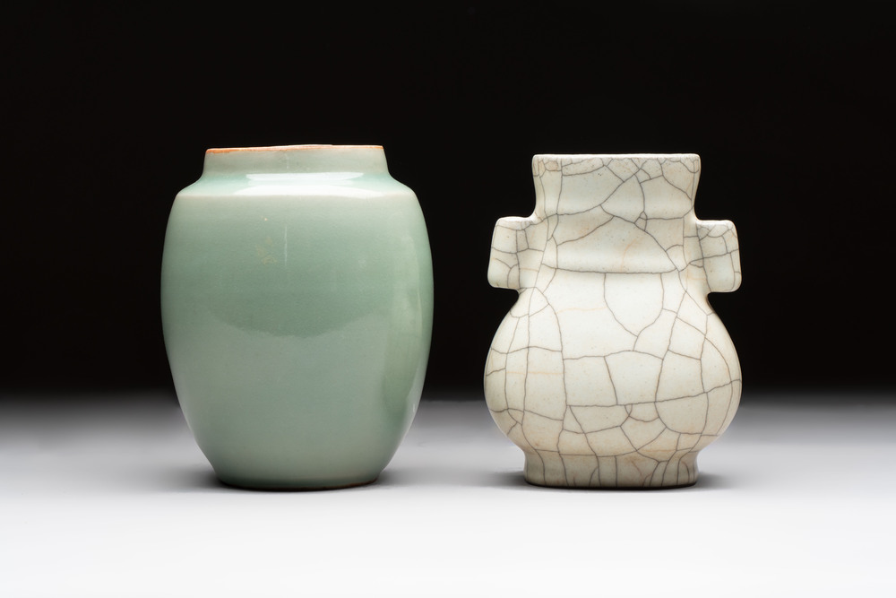 A Chinese Longquan celadon jar and a small Ge-type 'Hu' vase, Song and later