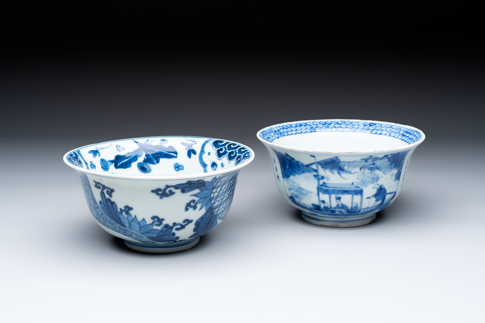A Chinese blue and white 'Ode to the Red Cliff' bowl and a bowl with floral design, Yongle and Chenghua mark, Transitional period