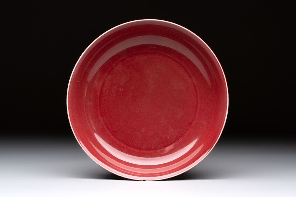 A Chinese copper-red glazed plate, incised Xuande mark, Republic