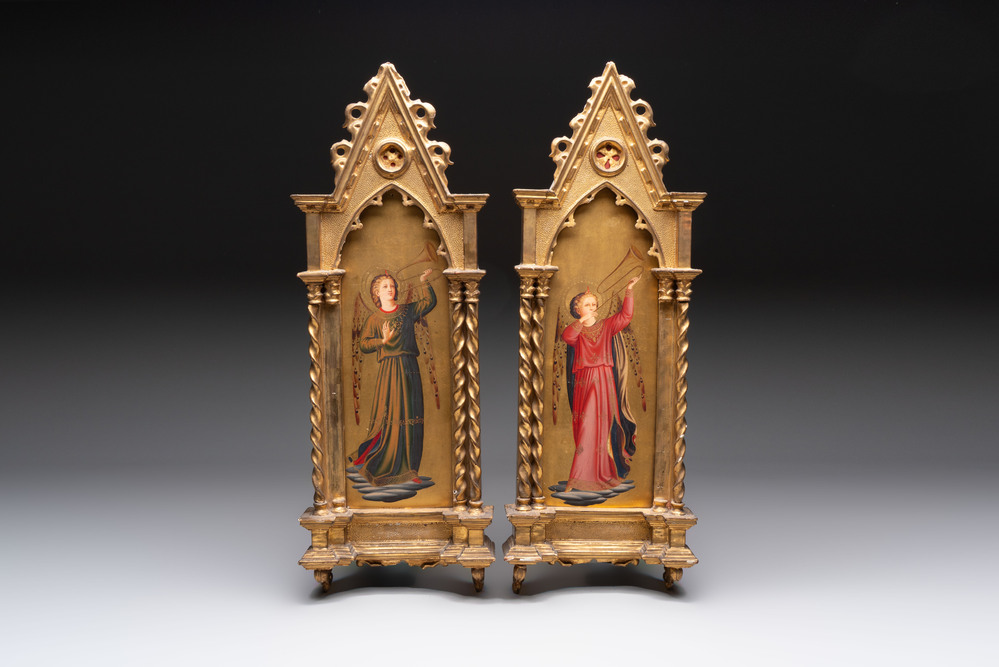 Attributed to C.L. Romoli: 'Trumpeting Angels', oil on panel, Italy, Neo-Gothic, 19th C.