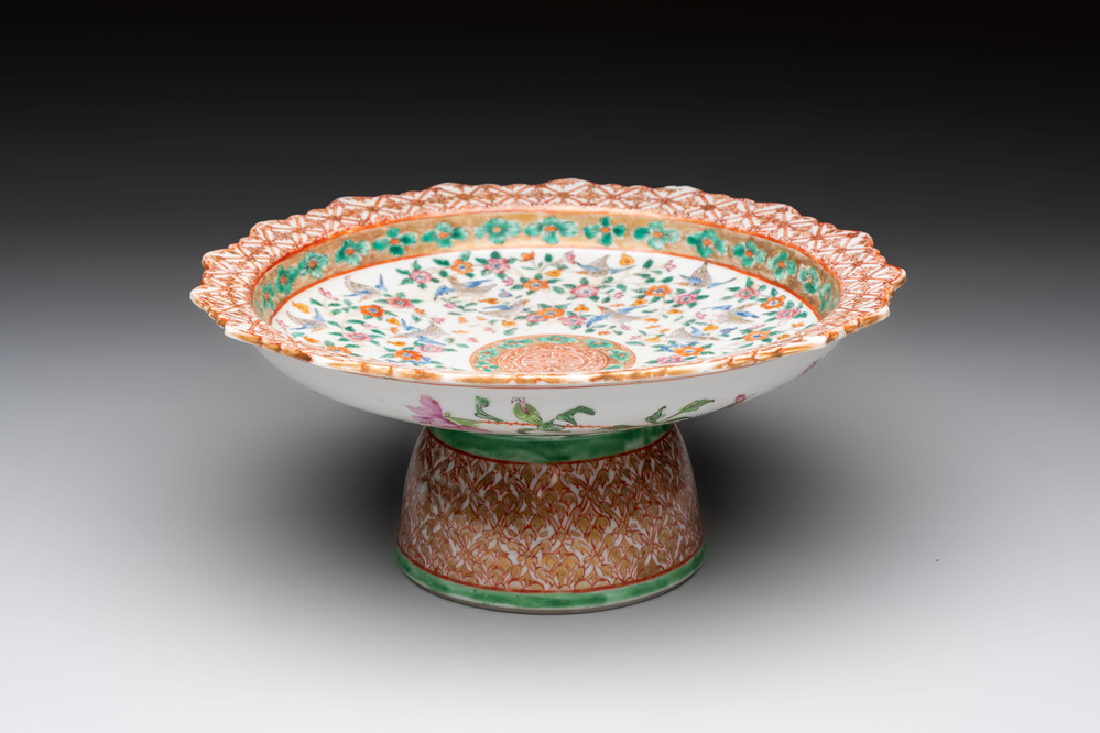 A large and fine Chinese Canton famille rose 'birds among flowering branches' Bencharong tazza for the Thai market, 19th C.