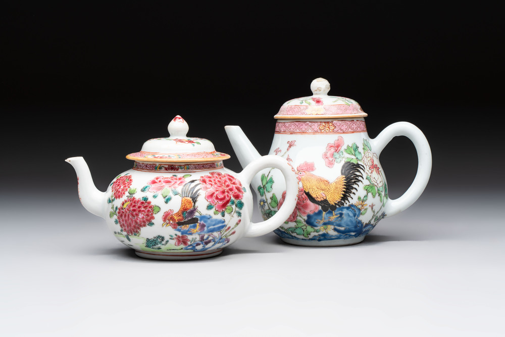 Two Chinese famille rose 'rooster' teapots, Yongzheng/Qianlong