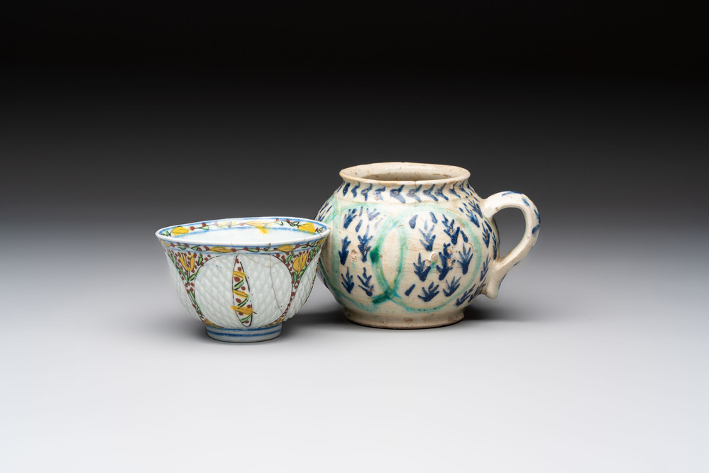 A polychrome pottery Kutahya cup and a mug, Turkey, 18th C.