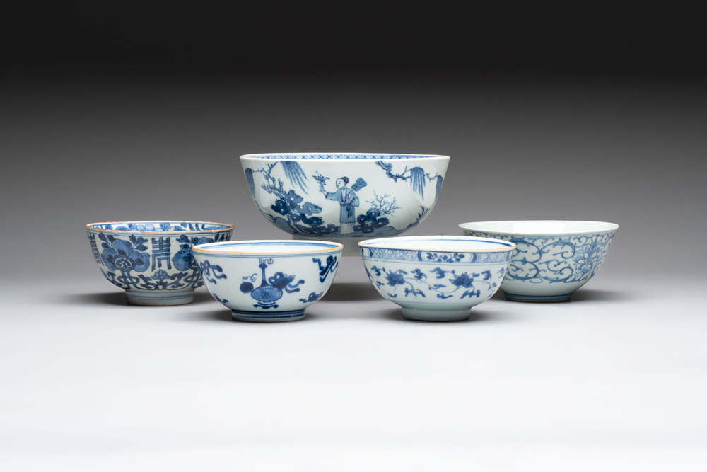 Five Chinese blue and white bowls, Kangxi and later