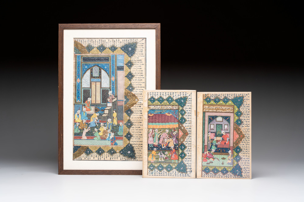 Three Persian miniatures with narrative design and calligraphy, Qajar, Iran, 18th C.
