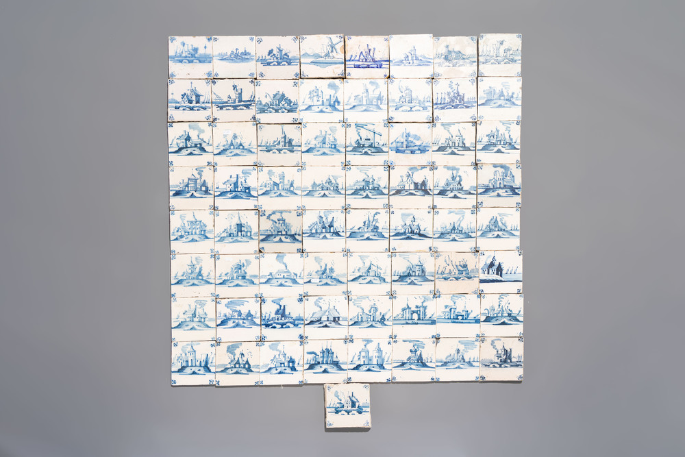 65 blue and white Dutch Delft 'landscape' tiles, 19th C.
