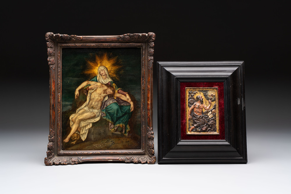 European school: 'Pieta', oil on copper, and a polychromed bronze relief of St. Marc, 16/17th C.
