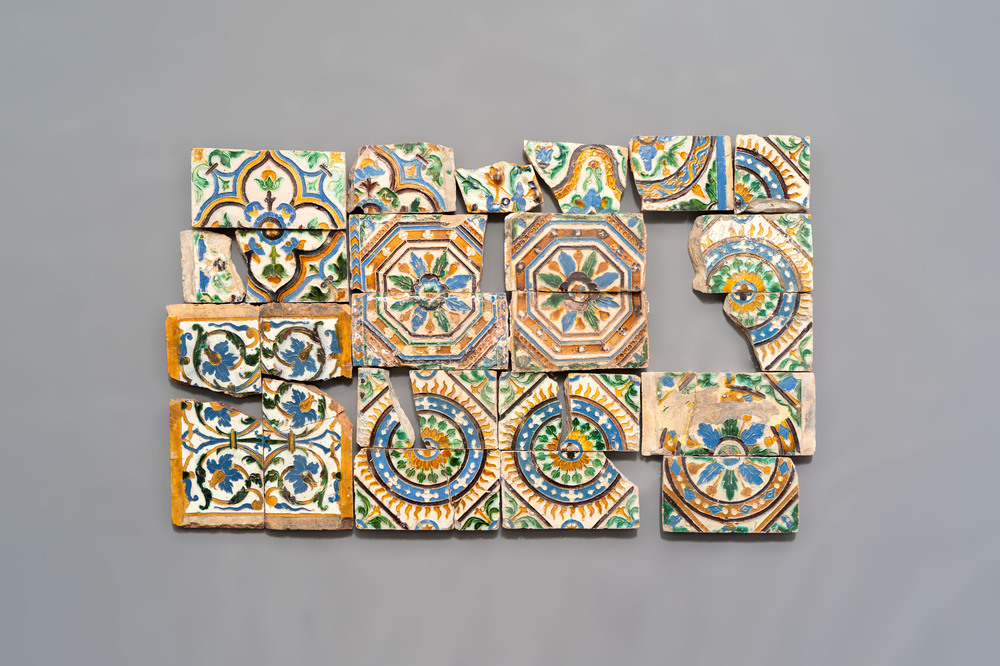 26 polychrome ceiling tiles and fragments, Spain, 16th C.