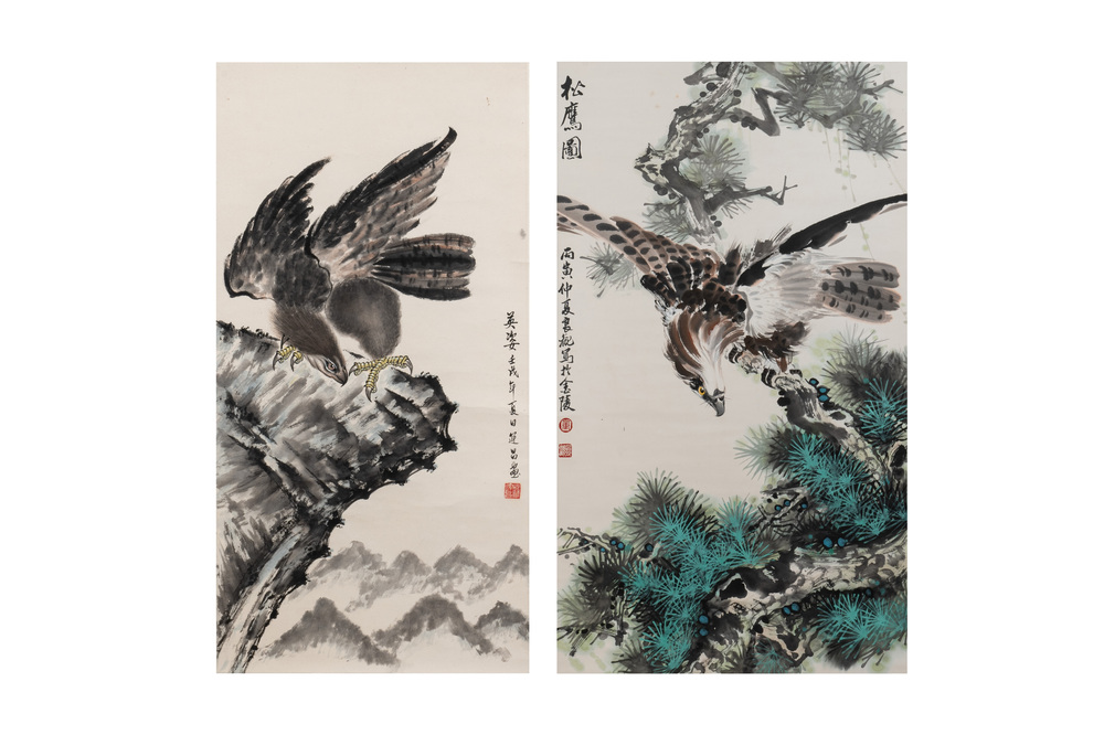 Su Yunchang 蘇運昌: 'Eagle', ink and colour on paper, 20th C. and Dong Liangguan 董良觀: 'Eagle', ink and colour on paper, 20th C.