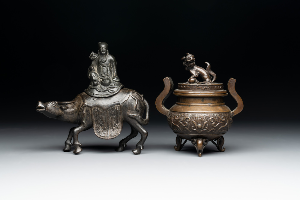 A Chinese 'Laozi riding a buffalo' censer with cover and a ding-form censer with cover, Ming/Qing