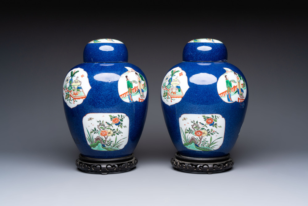 A pair of famille verte-style powder-blue-ground covered vases on stands, Samson, Paris, 19th C.