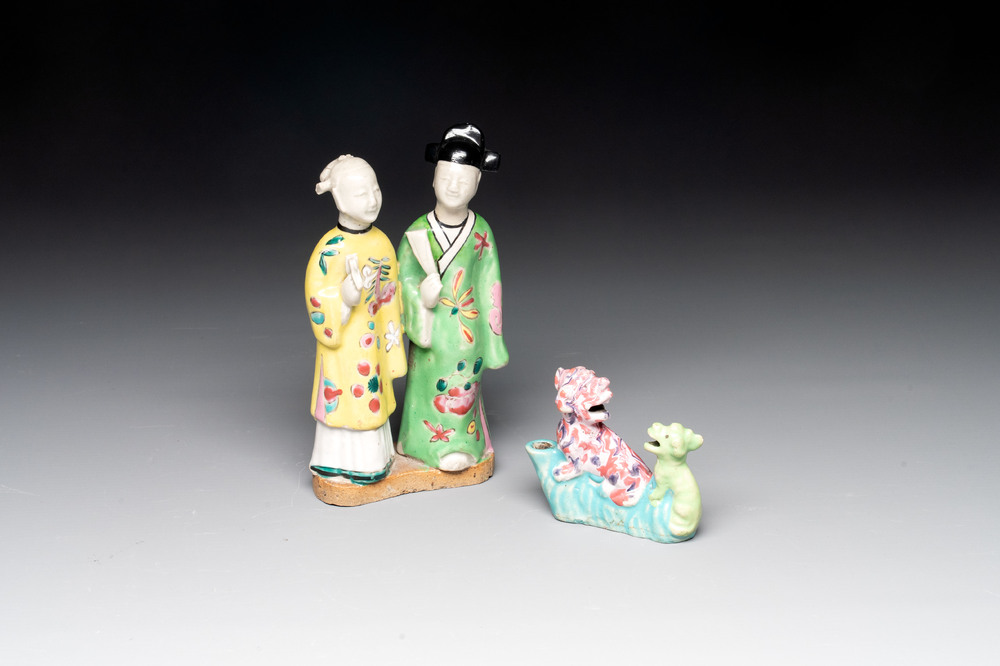 A Chinese famille rose 'Mandarin' group and a 'Qilin' water dropper, Qianlong