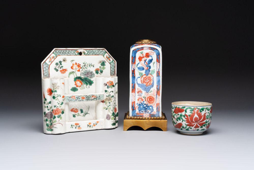 A Chinese famille verte hanging chopstick holder, a gilt bronze-mounted Imari-verte square flask and a wucai bowl, Kangxi and later