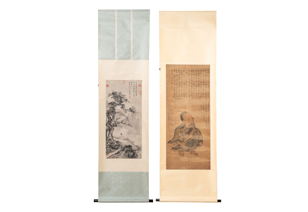 After Ma Yuan 馬遠: 'Sage in the mountain', ink and colour on paper, and after Wan Shouqi 萬壽祺: 'Strange Man', ink and colour on silk, 20th C.