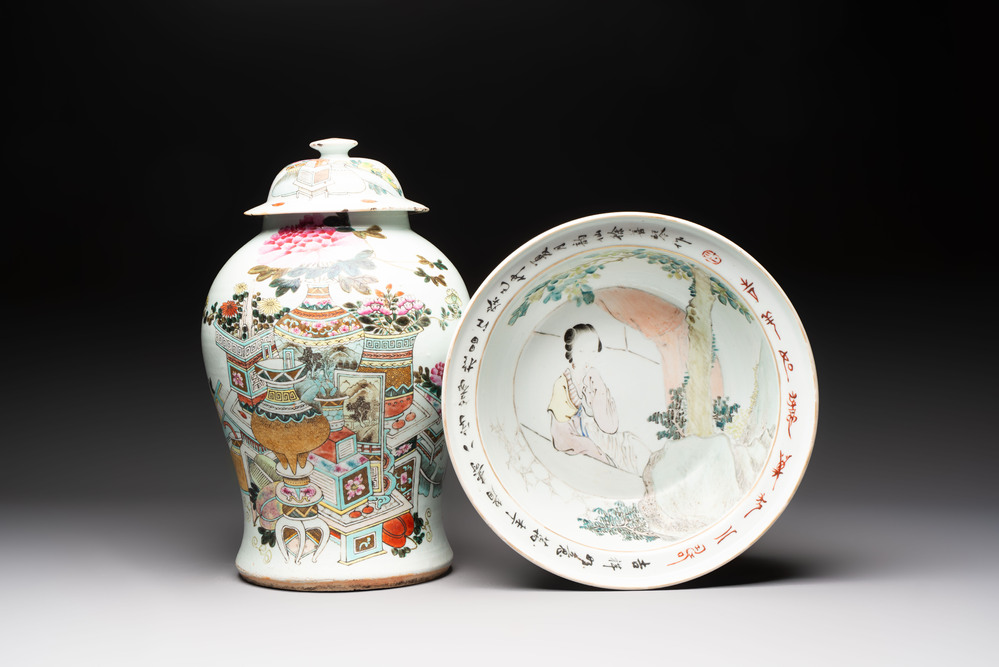 A Chinese qianjiang cai 'antiquities' covered vase and a basin with figural design, signed Yu Yicheng 俞意誠 and Xu Shanqin 徐善琴, 19th C., one dated 1893