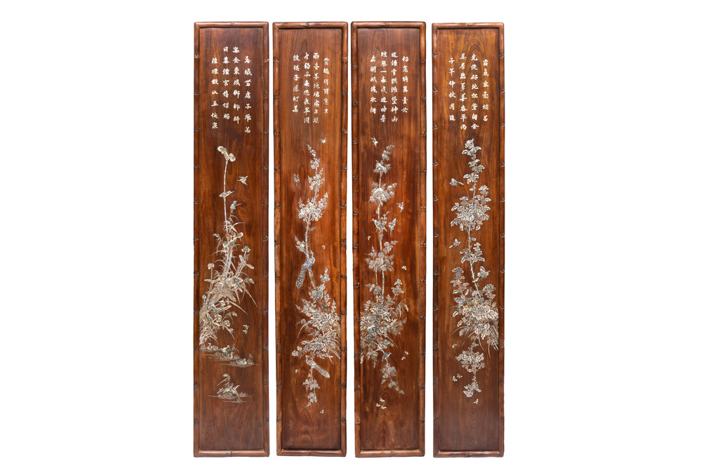 A set of four Chinese or Vietnamese mother-of-pearl-inlaid hongmu panels depicting birds among flowering branches, 19th C.
