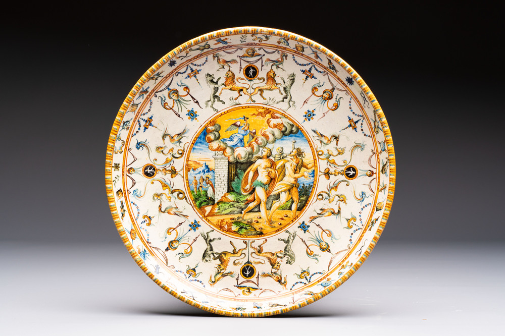 A fine Italian maiolica 'Expulsion from Paradise' dish, Benucci e Latti workshop, Pesaro, early 19th C.
