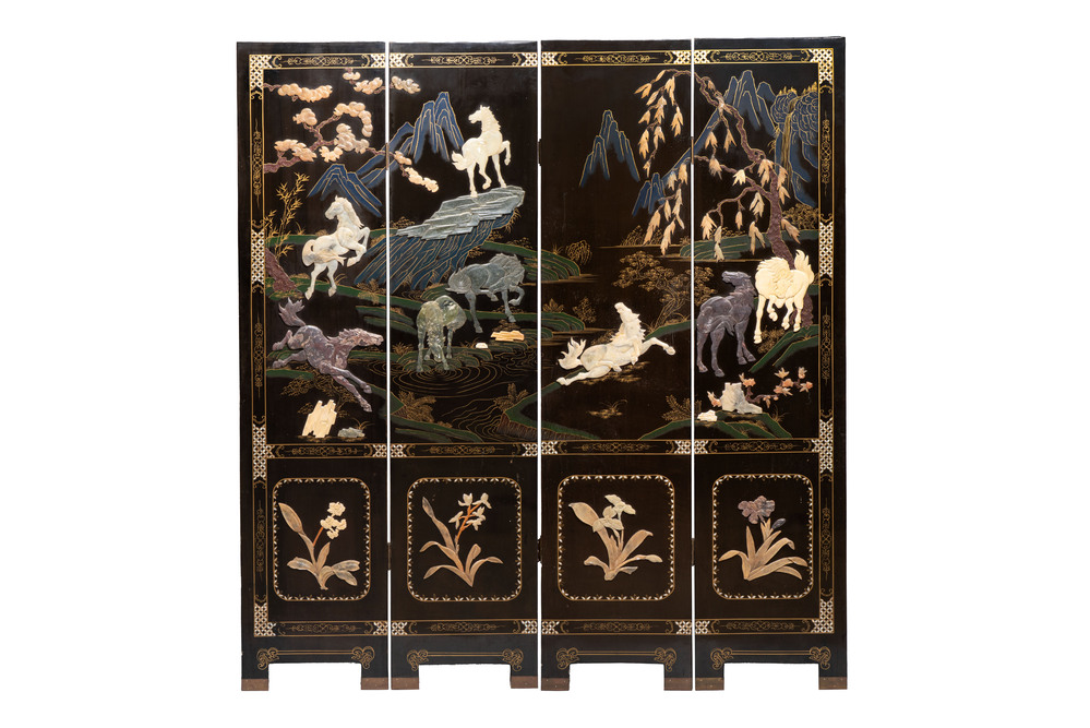 A Chinese precious-stone-inset gilt-lacquered four-panel 'Ba Jun Tu 八骏图' folding screen, 20th C.