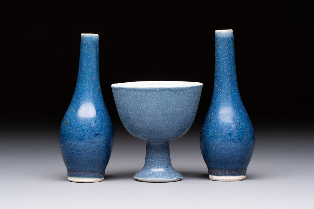 A pair of Chinese blue-glazed 'Hatcher Cargo' vases with incised dragons and a stem cup, Transitional period