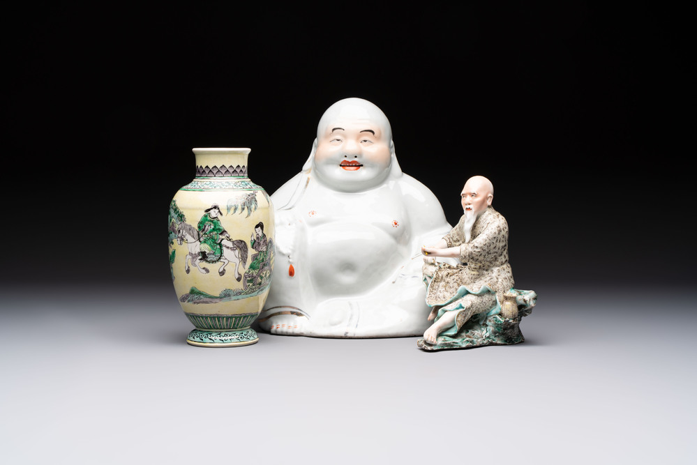 A Chinese verte biscuit vase, a sculpture of a fisherman and a Milefo Buddha, You Lin Ji 游林記造 and Zhu Mao Ji 朱茂記造 mark, 20th C.