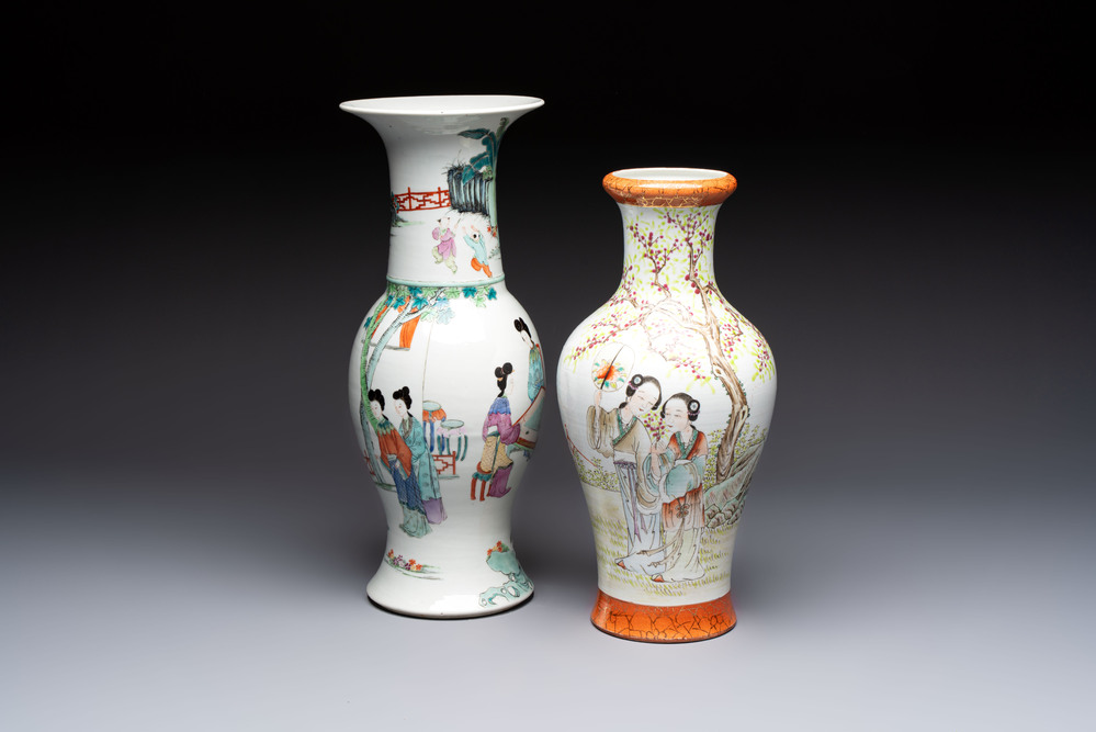 Two Chinese famille rose 'Elegant Beauties' vases, one with a Guan Yao Nei Zao 官窯內造 mark, signed Luo Su Shi 羅宿氏 and dated 1931, the other 19th C.
