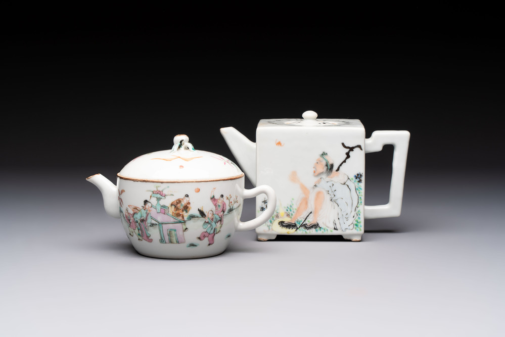 Two Chinese famille rose teapots and covers, signed Yun Xuan Shi 雲軒氏, Guanyao and Tongzhi mark, dated 1888, 19th C.