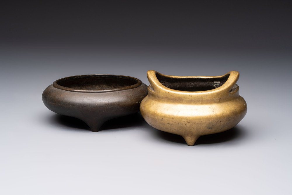 Two Chinese bronze tripod censers, Xuande and double-vajra mark, 19th C.