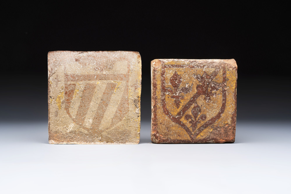 Two medieval slip-decorated tiles with the coat of arms of Burgundy and France, Flanders and France, 14/15th C.