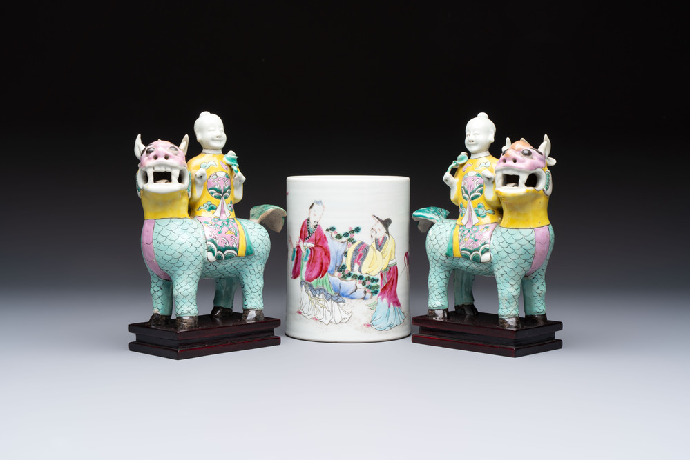 A pair of Chinese famille rose models of a boy riding a qilin and a bitong, 19/20th C.