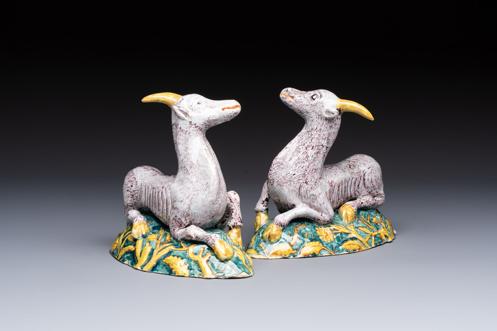 A pair of large polychrome Dutch Delft models of goats, 18th C.