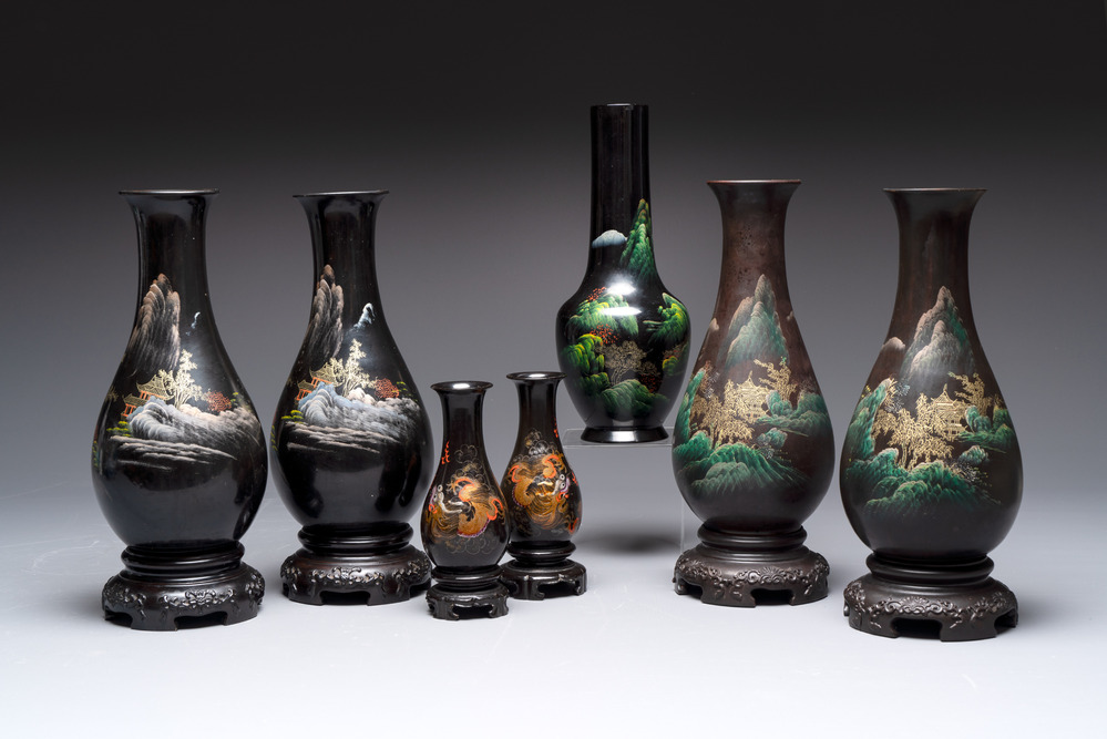 A collection of seven Chinese Fuzhou or Foochow lacquer vases, 19/20th C.
