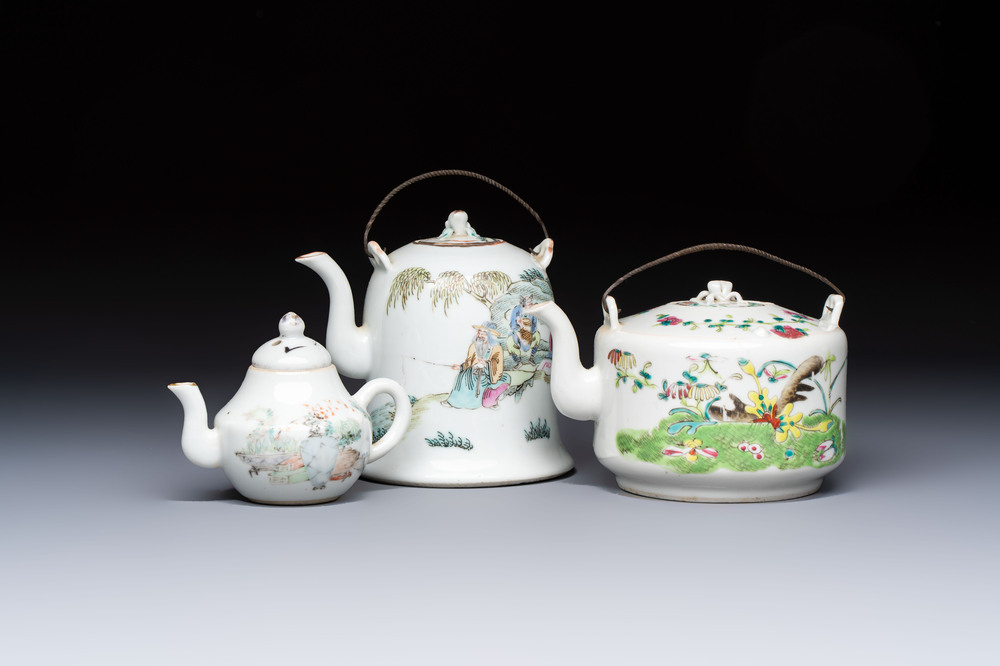 Two Chinese famille rose covered teapots and a qianjiang cai covered teapot, signed Wang Shaowei 王少維, 19th C.