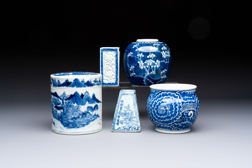 A Chinese blue and white square bitong, a 'Dragon' censer, a covered box, a vase and a paperweight, Guangxu mark, 18/19th C.