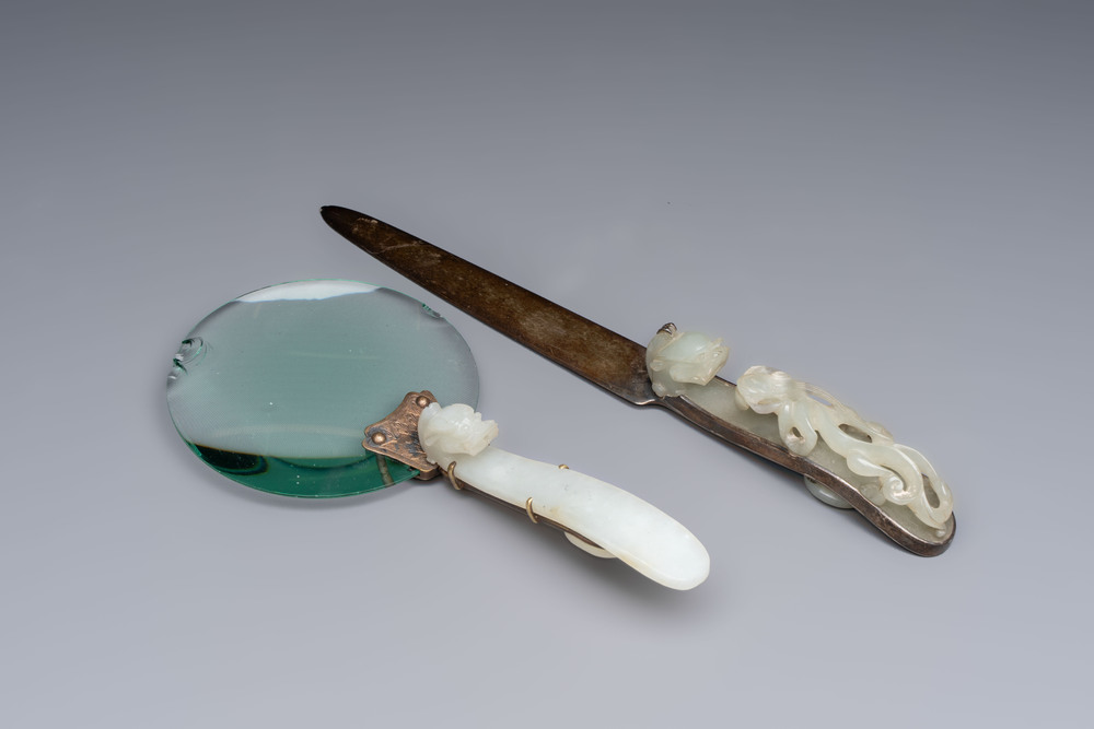 A Chinese mounted magnifying glass with a jade handle and a sterling silver letter opener with a jade handle, 19th C.