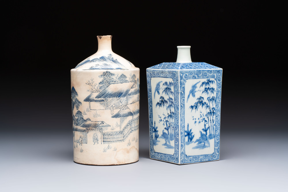 A Japanese blue and white Arita square flask and a Tangen-style bottle, 'Tokkuri', 19/20th C.