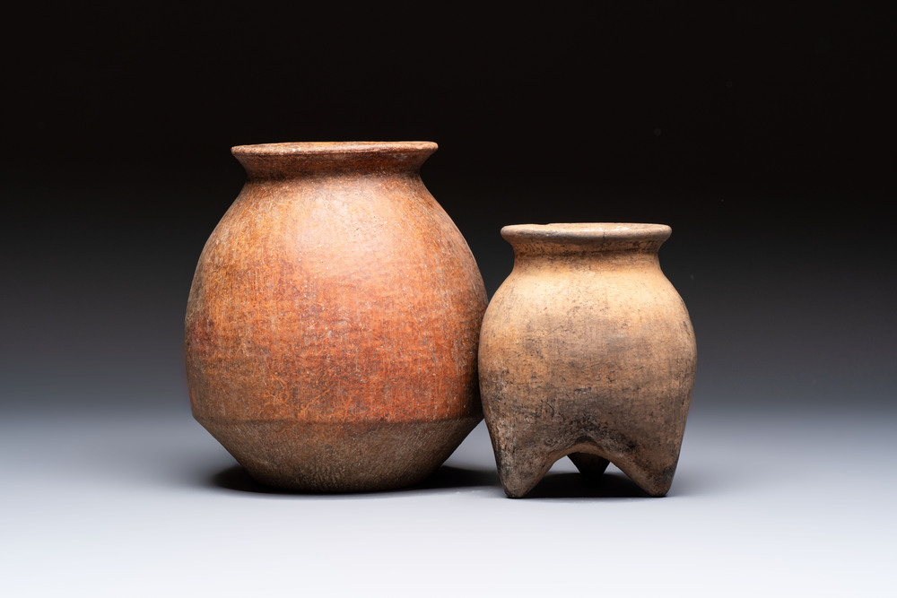 Two Chinese pottery storage or cooking vessels, Neolithic