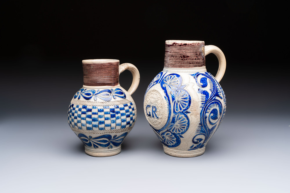 Two Westerwald stoneware jugs, one inscribed 'GR', Germany, 18th C.
