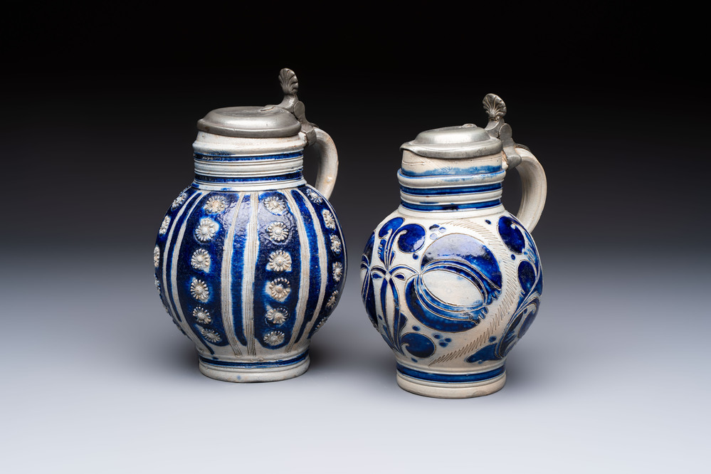 Two Westerwald tankards with mounted pewter lids, one lid dated 1757, Germany, 18th C.