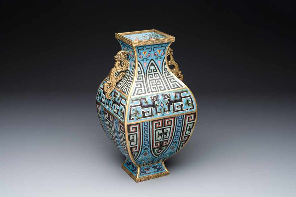 A Chinese archaistic cloisonn&eacute; square vase, Qianlong and Ren mark, 19/20th C.