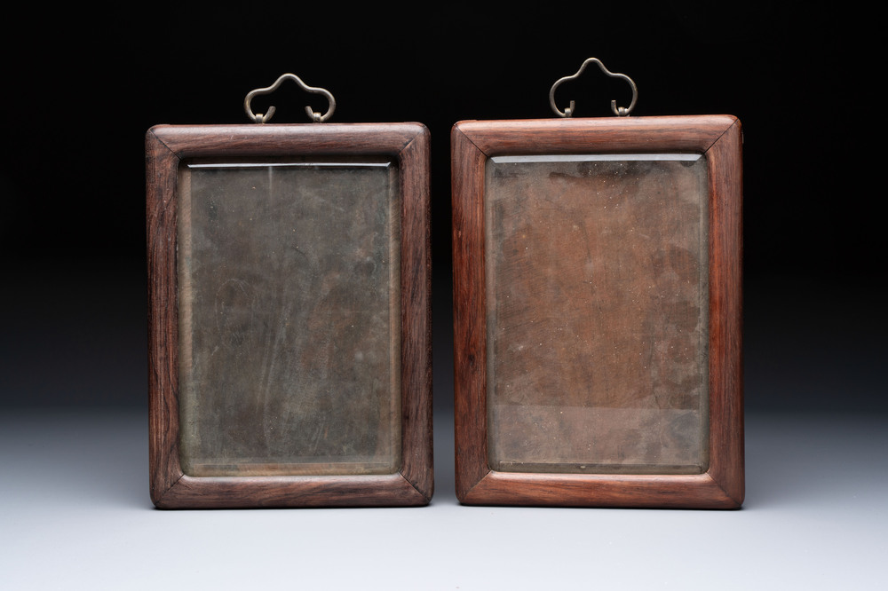 A pair of fine Chinese hongmu frames with bronze mounts, 19th C.