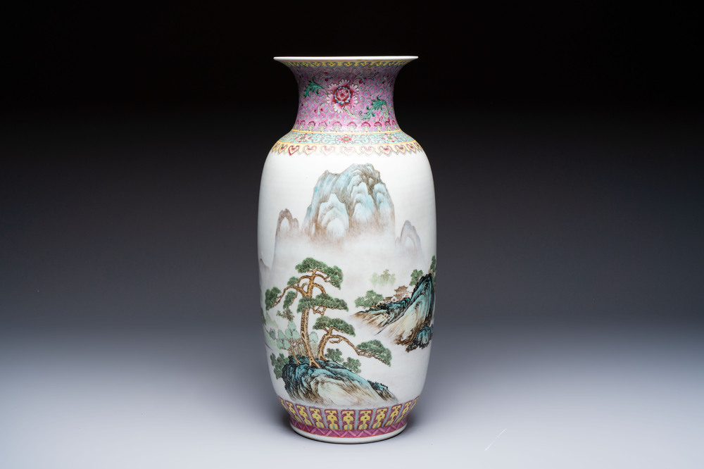 A Chinese famille rose 'Landscape' vase, Qianlong mark, 20th C.