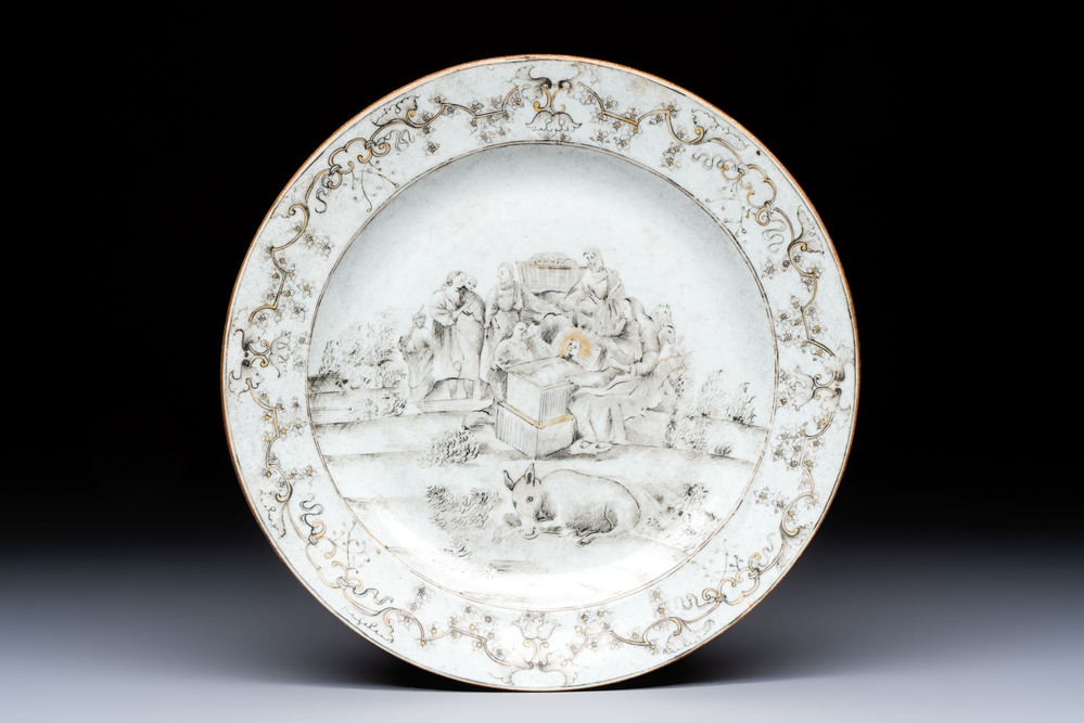 A Chinese grisaille and gilt-decorated 'Nativity' plate, Qianlong
