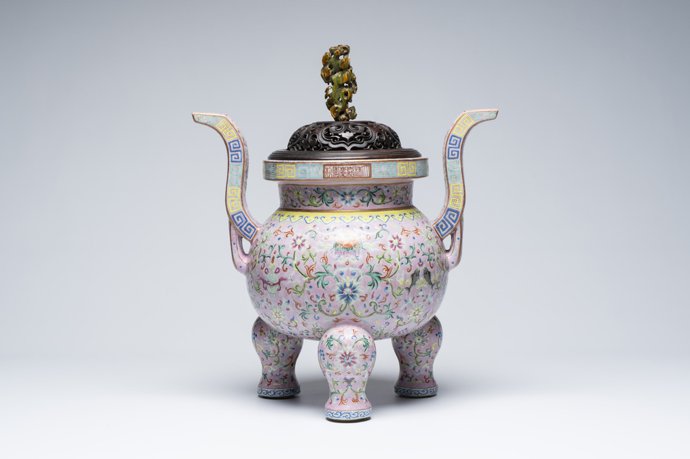 An impressive Chinese famille rose 'Bajixiang and Lotus Scroll' tripod censer with a wooden cover, Jiaqing mark and of the period
