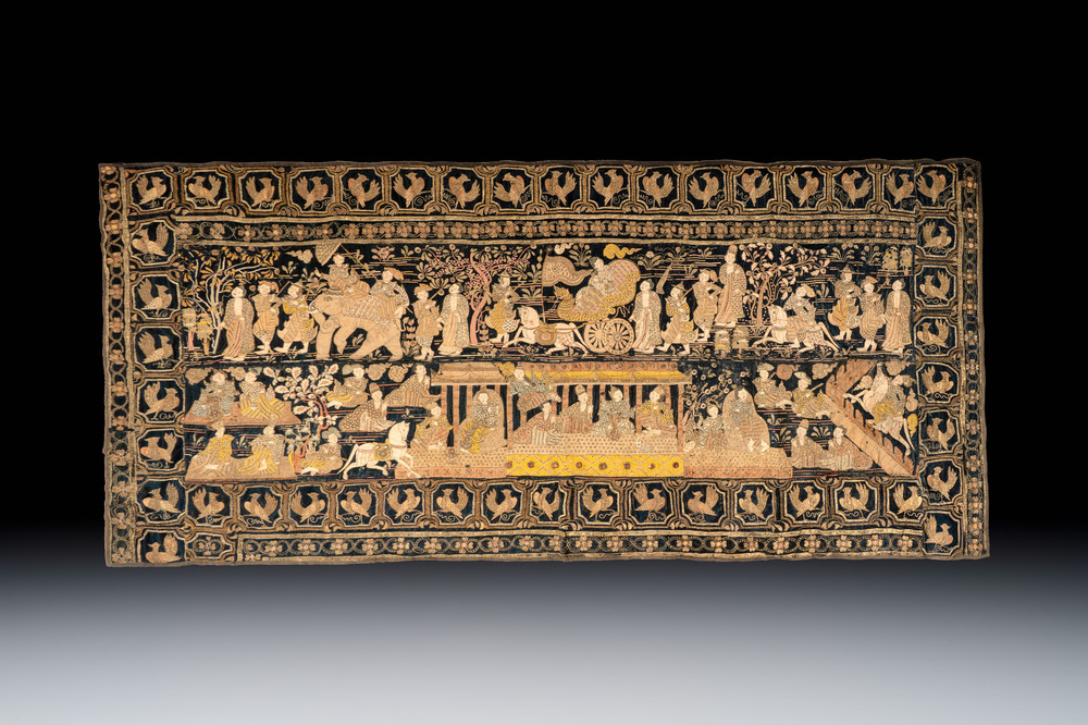 A large Burmese 'Kalaga' tapestry with narrative design, 19th C.