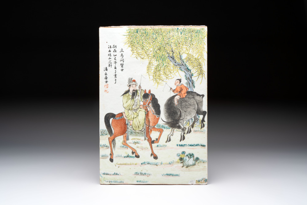 A Chinese qianjiang cai 'Li Ma Wen Xian Shi 立馬問賢士' plaque, signed Ling Yun Ju Shi 凌雲居士, dated 1929