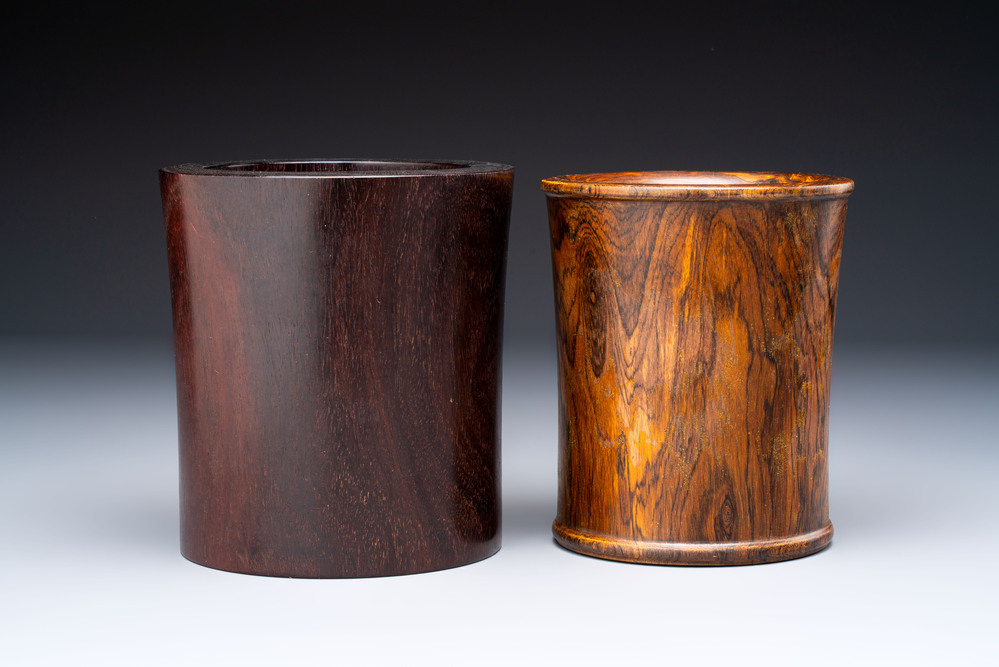 Two Chinese hardwooden brush pots, 20th C.