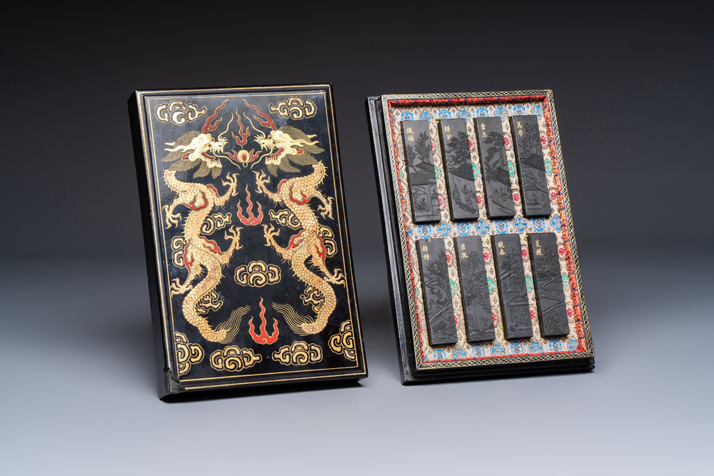 A set of eight Chinese 'Yu Zhi Min Sheng Zai Qin Shi 御製民生在勤詩' ink cakes with a gilt-lacquered 'dragon' box, Hu Kaiwen 胡開文 mark, 20th C.