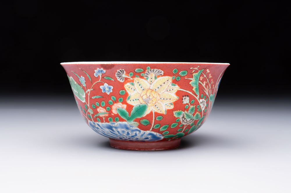 A Chinese falancai ruby-ground bowl, Yongzheng mark, 18/19th C.