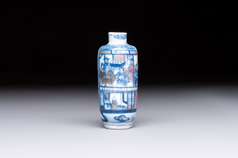 A fine Chinese blue, white and copper-red 'Yu Lou Fu Zhao 玉樓赴召' snuff bottle, Yongzheng mark, 19th C.