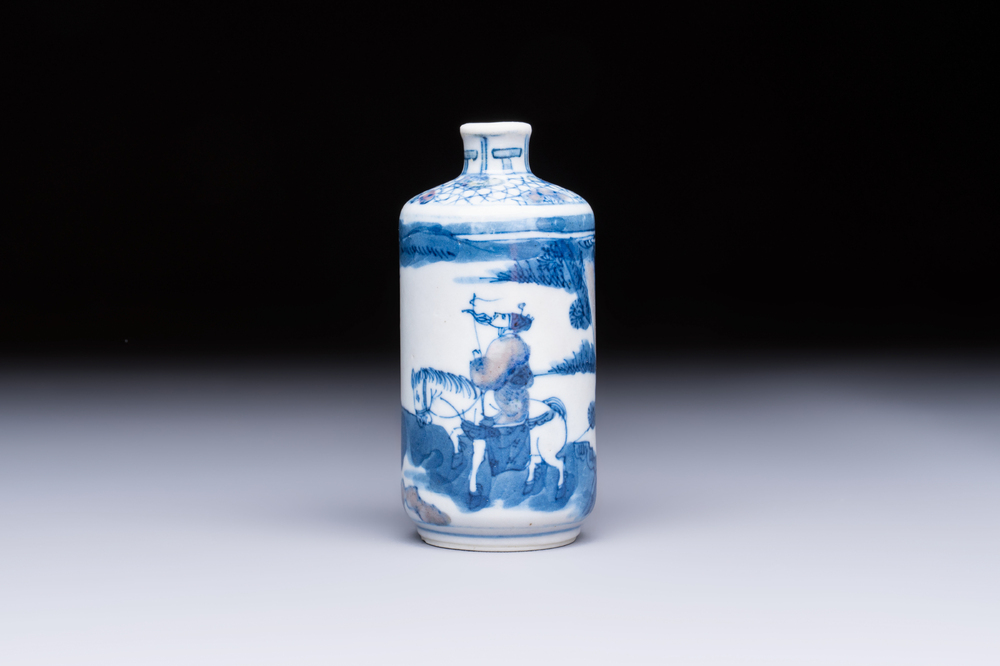 A fine Chinese blue, white and copper-red 'Tong Zi Zhi Lu 童子指路' snuff bottle, Yongzheng mark, 19th C.